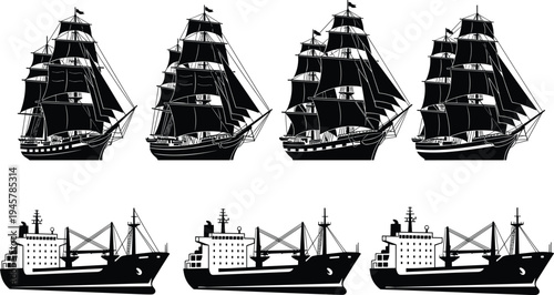 Ship silhouettes collection featuring classic sailing ships and cargo vessels, maritime transport and nautical navigation vehicles isolated on white background marine transportation set