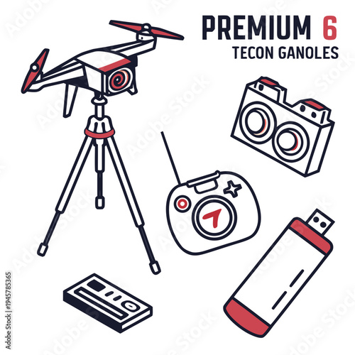 Drone and filming equipment icons set: aerial photography technology