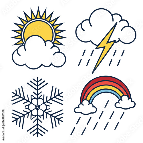 Diverse weather conditions icon set: sun, rain, snow, and rainbow