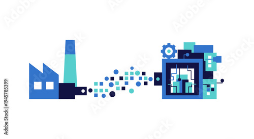 Factory emits geometric shapes into a complex machine with circuits.