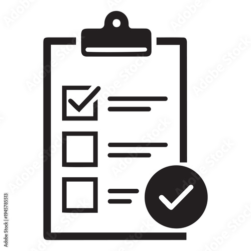 Checklist clipboard with checkmark symbol and three to-do list boxes, black and white icon for task management
