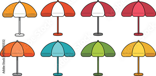 Colorful beach umbrella vector icon set featuring striped and solid sunshades for summer vacation patio cafe and outdoor relaxation designs.Colorful beach umbrella vector icon set featuring striped 