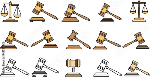 Set of fifteen law and justice icon illustrations with gavels and scales for legal, authority and vector design projects