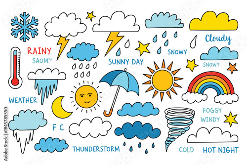 Doodle Weather Icons Collection: Sun Rain Snow Storm Rainbow Snowflake Thermometer Clouds