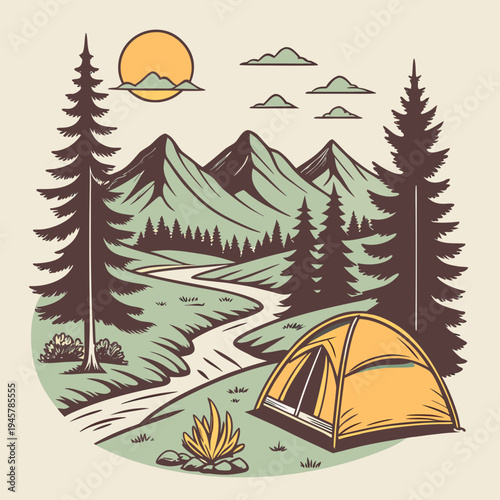 Vintage camping landscape with tent and mountains illustration