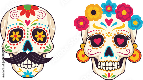 Colorful Day of the Dead Sugar Skull Cartoon Vector Illustration with Flowers Hearts and Traditional Mexican Dia de los Muertos Design