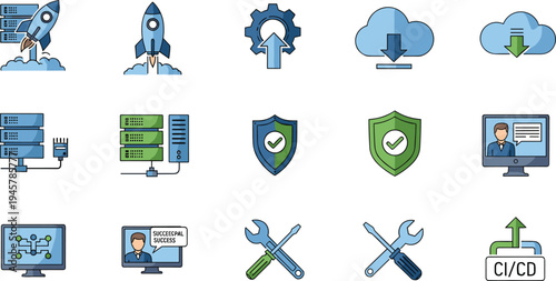 DevOps and cloud computing icon set with rocket launch deployment, server infrastructure, security shield, cloud upload download, CI CD pipeline and system maintenance