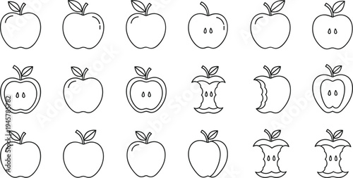 Collection of twenty black and white apple outline illustrations showing whole fruits, seeds, eaten cores and variations for vector design projects