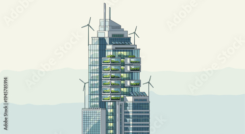 A modern skyscraper with multiple wind turbines and green vertical gardens stands against a clear light blue sky.