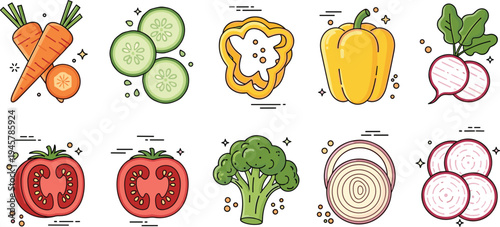 Fresh Vegetable Set Cartoon Vector Illustration with Carrot Cucumber Tomato Broccoli Onion Beetroot and Bell Pepper Healthy Food Icons