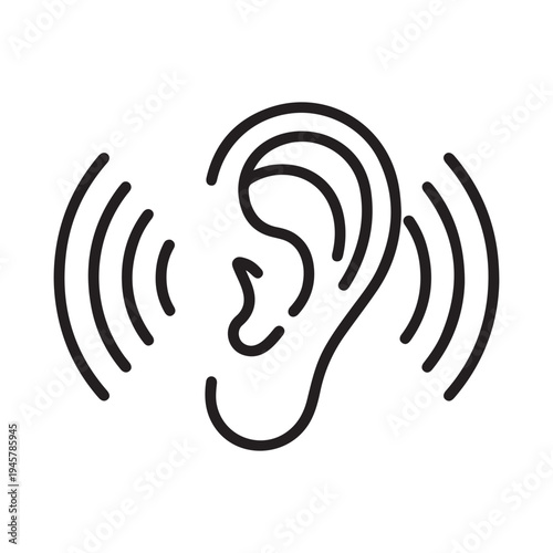 Ear icon with sound waves emanating, symbolizing hearing, listening, or sound perception
