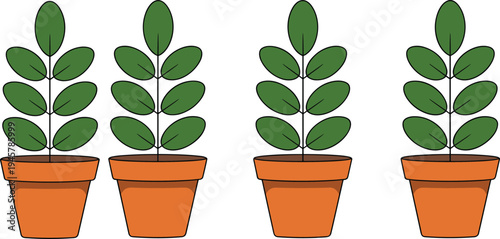 Potted green houseplant vector set with black outlines and shading featuring clay flower pots for home garden botanical and nature design.