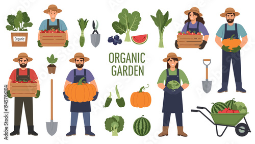 organic garden illustration set with farmers holding fresh produce boxes and various vegetables and garden tools.