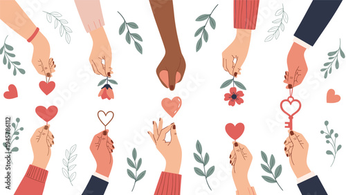 multiple hands of different skin tones holding love symbols like hearts flowers and a key on white background.
