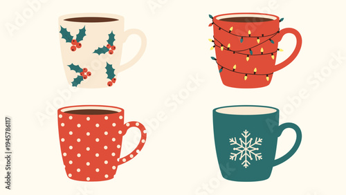 Collection of four unique ceramic mugs filled with coffee or tea and decorated with festive holiday patterns like snowflakes and holly berries.