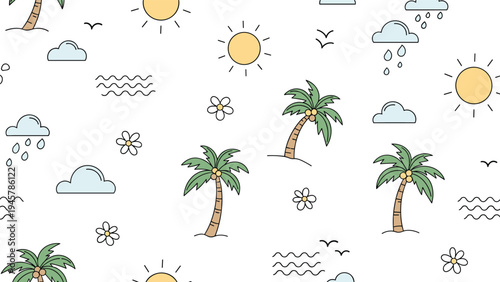 Seamless summer pattern featuring tropical palm trees, shining suns, fluffy clouds with raindrops, ocean waves, and delicate white flowers.