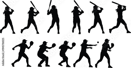 Softball player silhouettes collection showing batting, catching, pitching and throwing actions, female baseball athletes in dynamic sports poses isolated on white background
