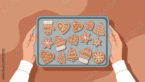 Top view of a person holding a baking tray filled with assorted gingerbread cookies decorated with white icing for Christmas festivities.