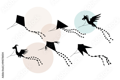 Vector set of minimalist kite shapes and small dragon flying silhouettes. Simple black icons for weather apps or summer vacation travel graphics vector illustration design.