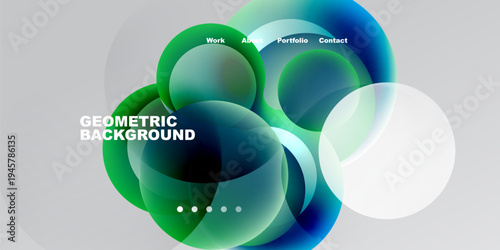 Abstract geometric shapes overlap, creating vibrant color gradients. Text labels indicate website sections work, about, portfolio, contact. Minimalist design.