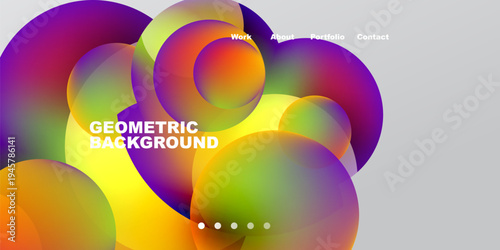 Abstract colorful shapes overlap. Gradient hues create dynamic visual effect. Text labels present website navigation options. Minimalist design.