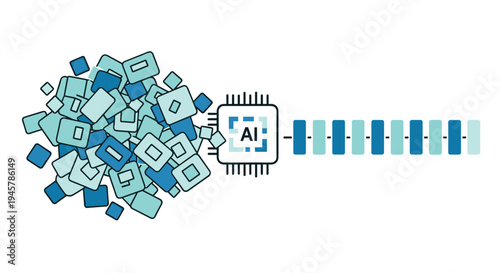 A chaotic pile of blue rectangular shapes feeds into an AI chip, which then outputs an organized sequence of identical blocks on a white background.