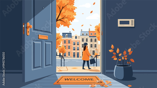 Scenic view from an open apartment doorway looking out onto a charming street with colorful autumn trees and a person walking with a bag.