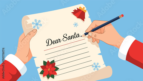 Close up of a person dressed in a red Santa suit writing a letter starting with Dear Santa on vintage parchment paper with decorations.