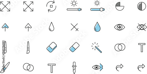 Graphic design and editing tool icon set with brush, eyedropper, resize arrows, opacity controls, color picker, visibility eye and vector editing symbols