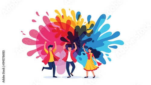 Group of energetic young people dancing and celebrating with bursts of vibrant multi colored powder during a festive holi event.