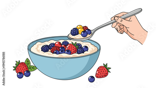 Detailed illustration of a person using a silver spoon to eat a healthy bowl of oatmeal topped with fresh strawberries and blueberries.