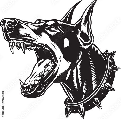 Roaring Doberman Dog Head Aggressive Guard Dog Mascot Black and White Vector Illustration