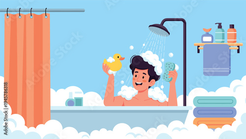 Playful illustration of a man in a shower bathtub filled with bubbles scrubbing himself and holding a yellow rubber duck.