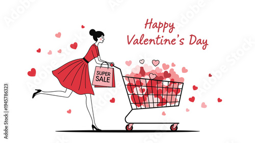 Elegant illustration of a woman in a red dress running while pushing a shopping cart full of hearts for a Valentine's Day sale.