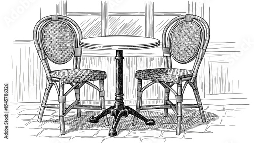Artistic black and white line drawing of a classic outdoor cafe setting with a round table and two woven wicker bistro chairs.