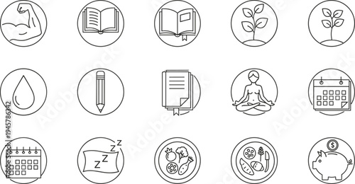 Healthy lifestyle and personal development icon set with fitness strength, meditation yoga, reading book, plant growth, sleep rest and savings piggy bank