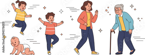 Human Life Stages Cartoon Vector Illustration with Baby, Child, Teen, Adult Woman, and Elderly Man Showing Aging Process