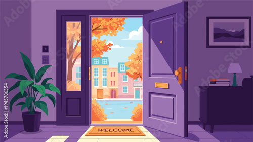 View from an open interior doorway showing a cozy living room and looking out onto a bright city street with autumn trees and buildings.