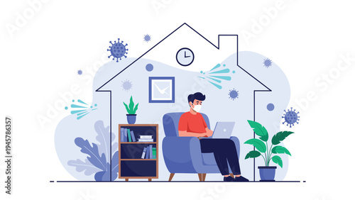 Conceptual illustration of a man working on his laptop while sitting in a comfortable armchair inside a safe house during a pandemic.