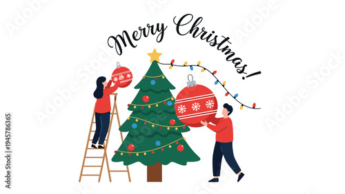 Scene of a couple working together to decorate a large Christmas tree with oversized red ornaments and a string of lights.