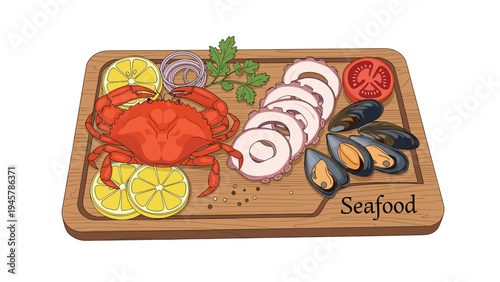 Delicious seafood arrangement on a wooden serving board featuring a whole red crab, octopus rings, mussels, and lemon slices.