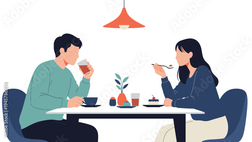 Romantic scene of a man and a woman sitting across from each other at a table in a restaurant enjoying a dinner date and drinks.