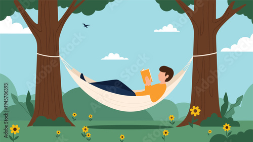 Relaxed person lying comfortably in a white hammock reading a book outdoors under the shade of lush green trees on a beautiful sunny day.