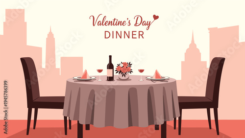 Romantic Valentine's Day dinner table for two set with wine and flowers against a stylized city skyline backdrop at dusk in a restaurant.