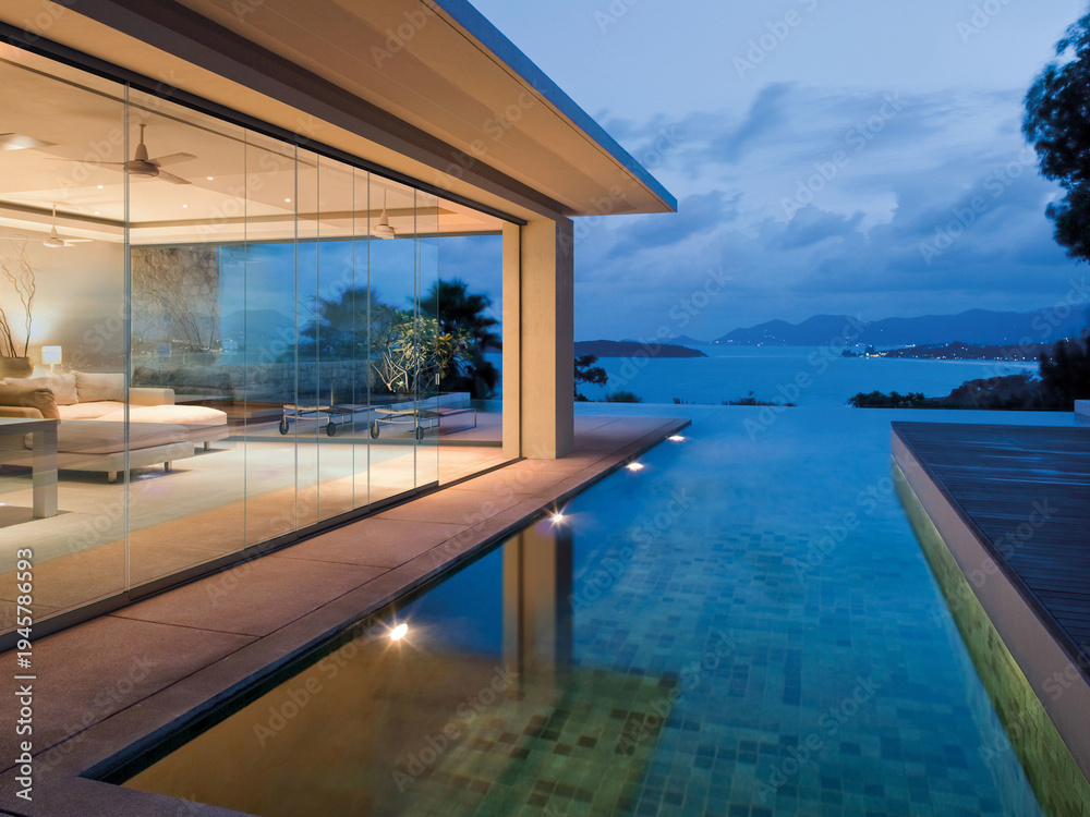 Fototapeta premium Modern luxury villa exterior with big swimming pool, 3d render
