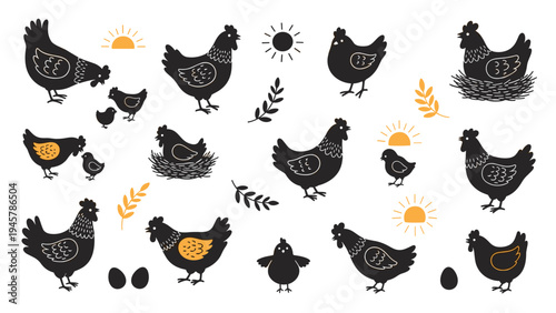 Comprehensive set of chicken silhouettes in various poses including hens, chicks, and nests with agricultural elements like eggs and suns.