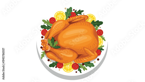 Perfectly roasted golden brown turkey served on a large white platter decorated with fresh greens, tomatoes, and lemon slices for dinner.