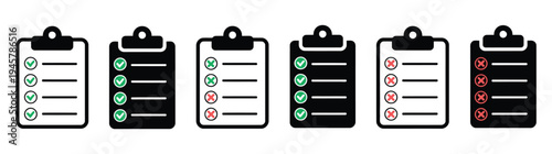 Checklist and clipboard icon set, including document, paper, pencil, pen, checkmark, tick, cross, magnifying glass, search, analysis, data chart, graph, cogwheel, gear, settings, thumbs up
