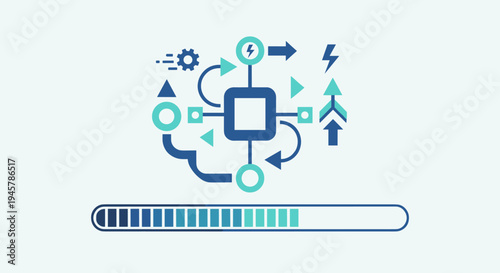 Central processor with interconnected abstract shapes above a loading bar.