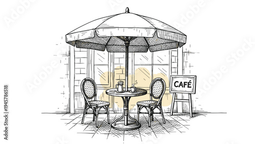Detailed artistic sketch of a charming outdoor street cafe with a table, chairs, and a large sun umbrella in a classic European style.